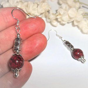 Dangle Earrings Set Dark Red and Silver Beaded Fashion Jewelry Gift for Her 7093